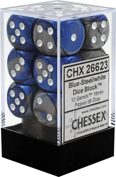 Chessex Blue-Steel/White 16mm D6 Dice Block