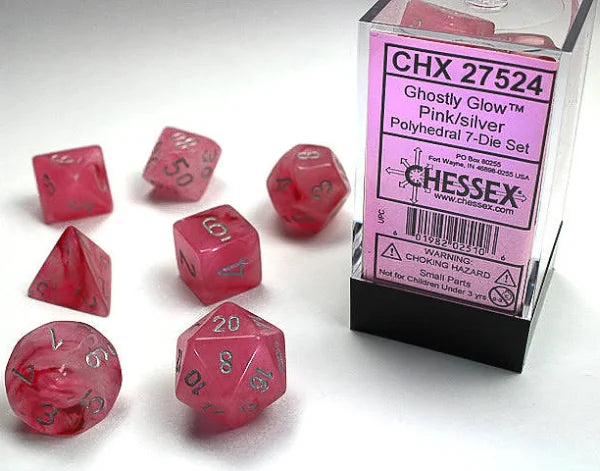 Chessex Ghostly Glow Pink/Silver Polyhedral 7-Die Set