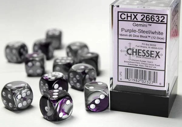 Chessex Purple-Steel/White 16mm D6 Dice Block